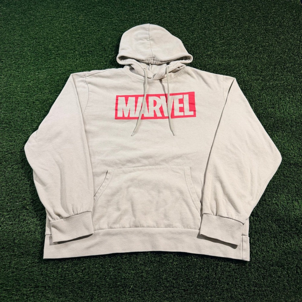Marvel Comics Logo Hoodie Tan Beige Graphic Sweatshirt XL